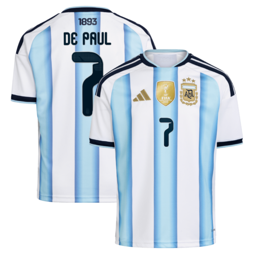 A2B image: argentina-adidas-home-shirt-2026-kids-with-de-paul-7-printing Argentina adidas Home Shirt 2026 - Kids with De Paul 7 printing