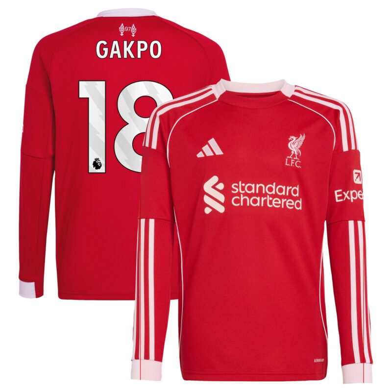 Liverpool adidas Home Shirt 2025-26 - Kids - Long sleeve with Gakpo 18 printing
