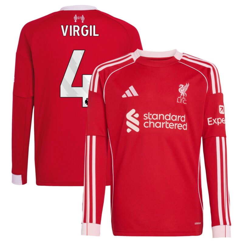 Liverpool adidas Home Shirt 2025-26 - Kids - Long sleeve with Virgil 4 printing