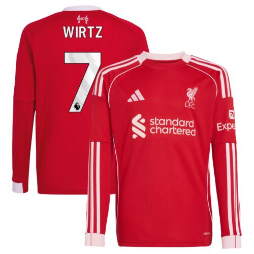 Liverpool adidas Home Shirt 2025-26 - Kids - Long sleeve with Wirtz 7 printing
