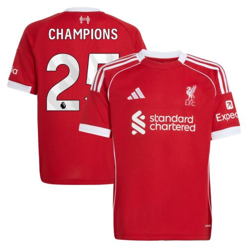 Liverpool adidas Home Shirt 2025-26 - Kids with Champions 25 printing