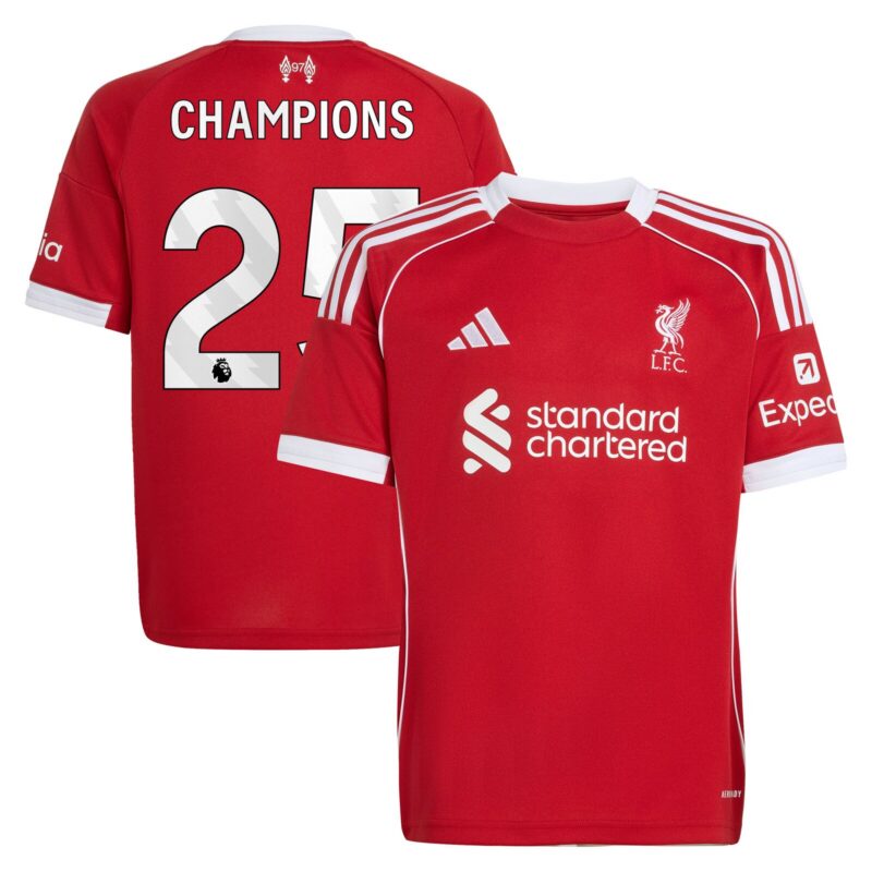 A2B image: liverpool-adidas-home-shirt-2025-26-kids-with-champions-25-printing Liverpool adidas Home Shirt 2025-26 - Kids with Champions 25 printing