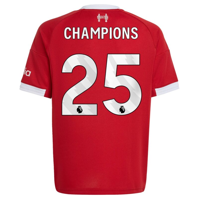 A2B image: liverpool-adidas-home-shirt-2025-26-kids-with-champions-25-printing Liverpool adidas Home Shirt 2025-26 - Kids with Champions 25 printing