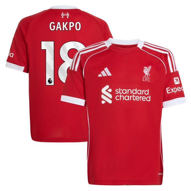 Liverpool adidas Home Shirt 2025-26 - Kids with Gakpo 18 printing
