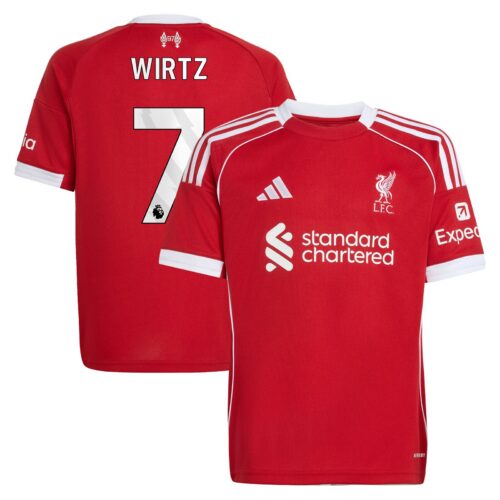 Liverpool adidas Home Shirt 2025-26 - Kids with Wirtz 7 printing