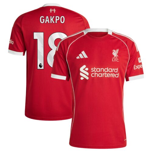 Liverpool adidas Home Shirt 2025-26 with Gakpo 18 printing