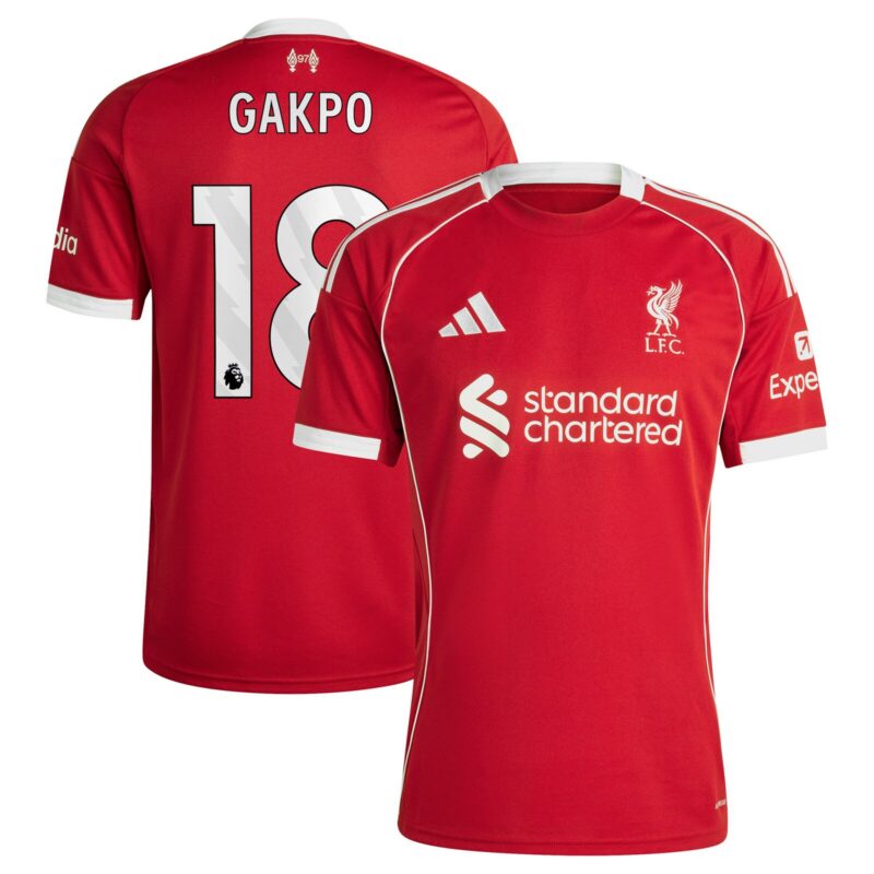 Liverpool adidas Home Shirt 2025-26 with Gakpo 18 printing