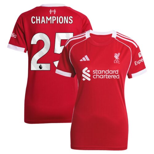 Liverpool adidas Home Shirt 2025-26 - Womens with Champions 25 printing