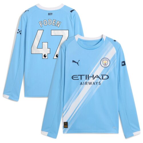 A2B image: manchester-city-puma-home-shirt-2025-26-long-sleeve-kids-with-foden-47-printing Manchester City PUMA Home Shirt 2025-26 - Long Sleeve - Kids with Foden 47 printing