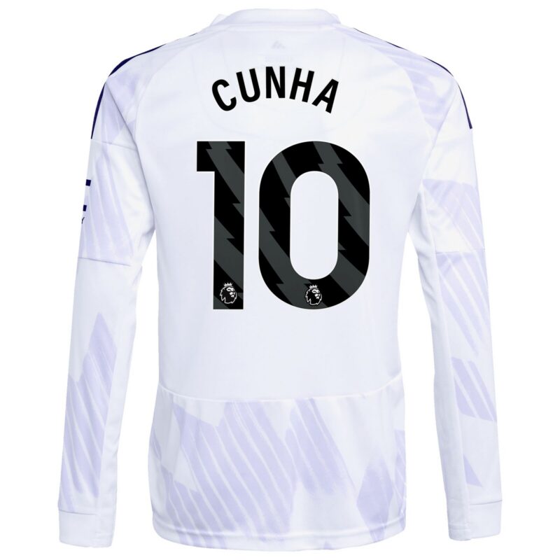 Manchester United adidas Away Shirt 2025-26 - Kids - Long Sleeve with Cunha 10 printing