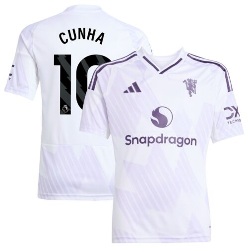 Manchester United adidas Away Shirt 2025-26 - Kids with Cunha 10 printing