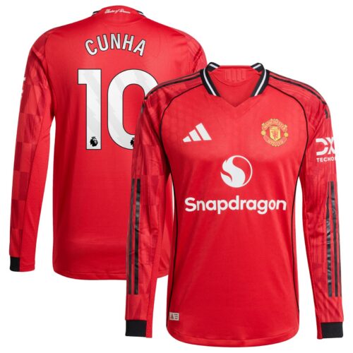 A2B image: manchester-united-adidas-home-authentic-shirt-2025-26-long-sleeve-with-cunha-10-printing Manchester United adidas Home Authentic Shirt 2025-26 - Long sleeve with Cunha 10 printing