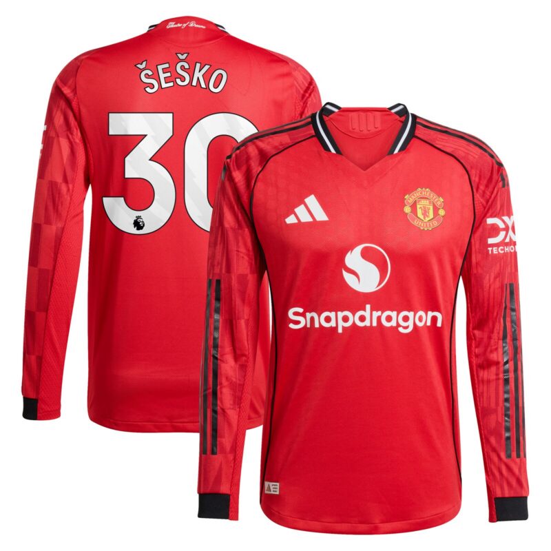 Manchester United adidas Home Authentic Shirt 2025-26 - Long sleeve with Šeško 30 printing
