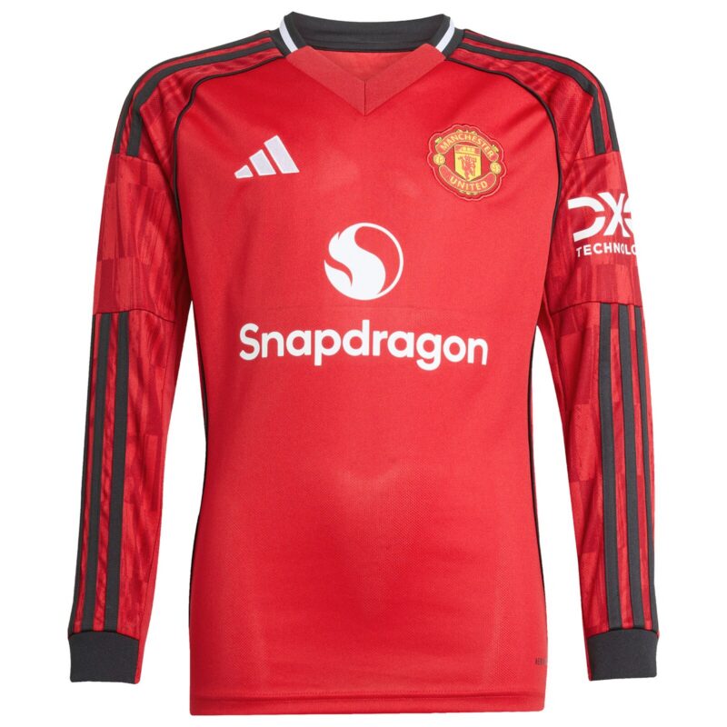 Manchester United adidas Home Shirt 2025-26 - Kids - Long Sleeve with Cunha 10 printing