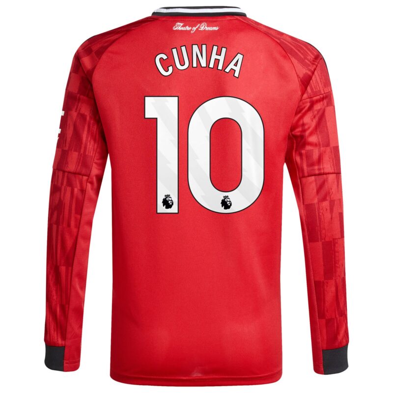 Manchester United adidas Home Shirt 2025-26 - Kids - Long Sleeve with Cunha 10 printing