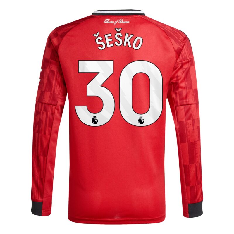 Manchester United adidas Home Shirt 2025-26 - Kids - Long Sleeve with Šeško 30 printing