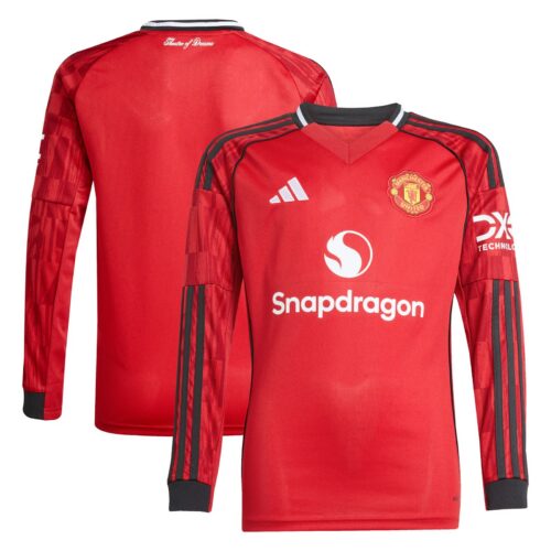 A2B image: manchester-united-adidas-home-replica-shirt-2025-26-kids-long-sleeve Manchester United adidas Home Replica Shirt 2025-26 - Kids - Long Sleeve