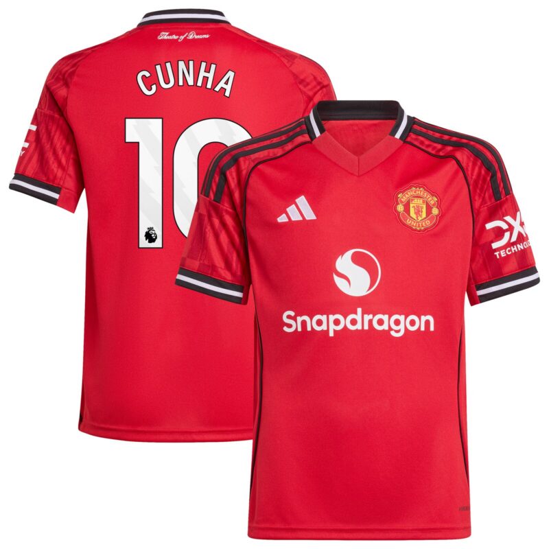Manchester United adidas Home Shirt 2025-26 - Kids with Cunha 10 printing