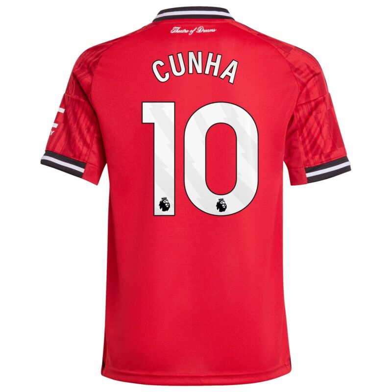 Manchester United adidas Home Shirt 2025-26 - Kids with Cunha 10 printing