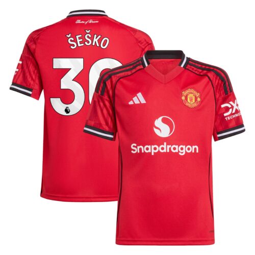 Manchester United adidas Home Shirt 2025-26 - Kids with Šeško 30 printing