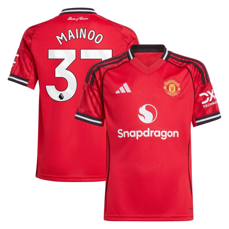 Manchester United adidas Home Shirt 2025-26 - Kids with Mainoo 37 printing