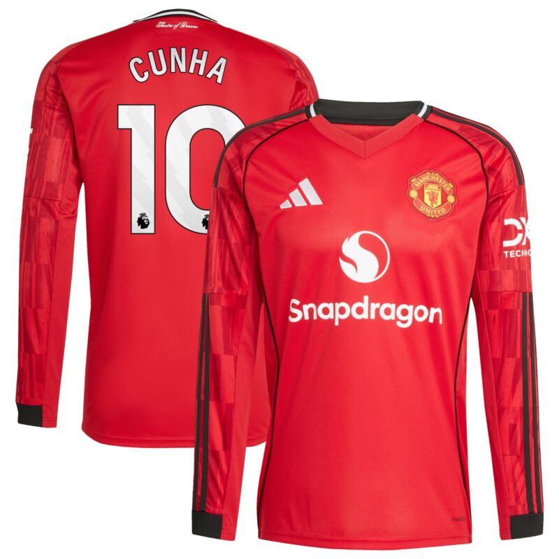 Manchester United adidas Home Shirt 2025-26 - Long Sleeve with Cunha 10 printing