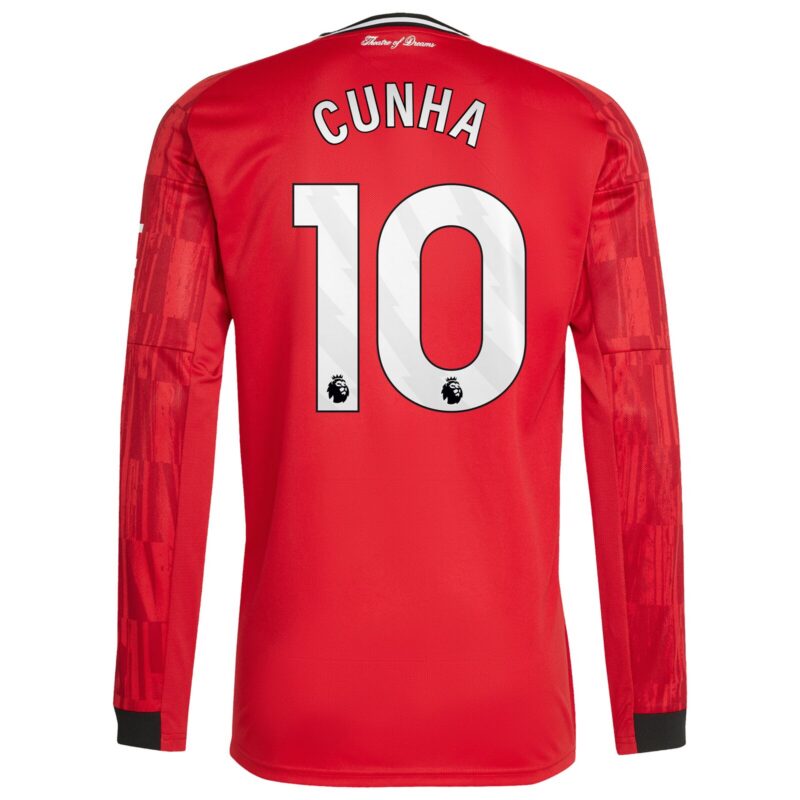 Manchester United adidas Home Shirt 2025-26 - Long Sleeve with Cunha 10 printing