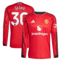 Manchester United adidas Home Shirt 2025-26 - Long Sleeve with Šeško 30 printing