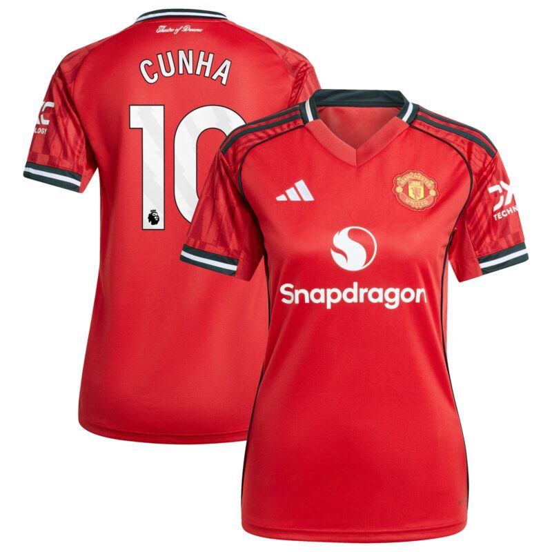 A2B image: manchester-united-adidas-home-shirt-2025-26-womens-with-cunha-10-printing Manchester United adidas Home Shirt 2025-26 - Womens with Cunha 10 printing