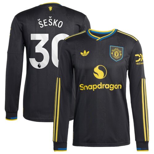 Manchester United adidas Third Authentic Shirt 2025-26 - Long sleeve with Šeško 30 printing