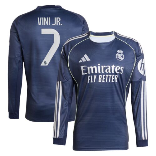 A2B image: real-madrid-adidas-away-shirt-2025-26-long-sleeve-with-vini-jr-7-printing Real Madrid adidas Away Shirt 2025-26 - Long Sleeve with Vini Jr. 7 printing