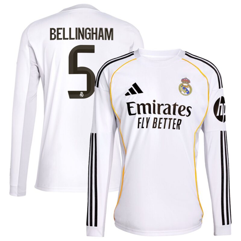 A2B image: real-madrid-adidas-home-shirt-2025-26-long-sleeve-with-bellingham-5-printing Real Madrid adidas Home Shirt 2025-26 - Long Sleeve with Bellingham 5 printing
