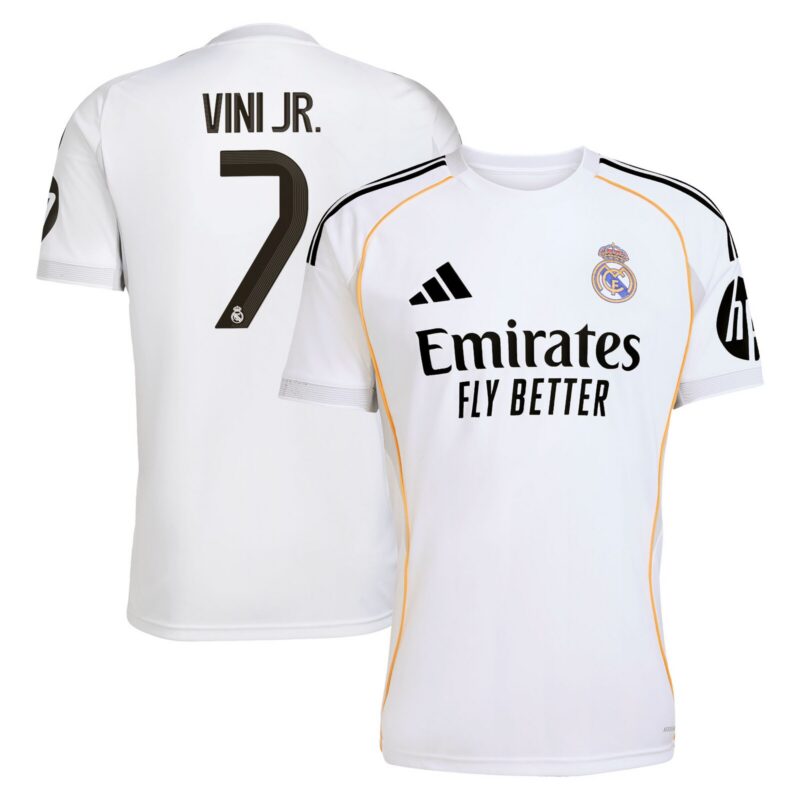 A2B image: real-madrid-adidas-home-shirt-2025-26-with-vini-jr-7-printing Real Madrid adidas Home Shirt 2025-26 with Vini Jr. 7 printing